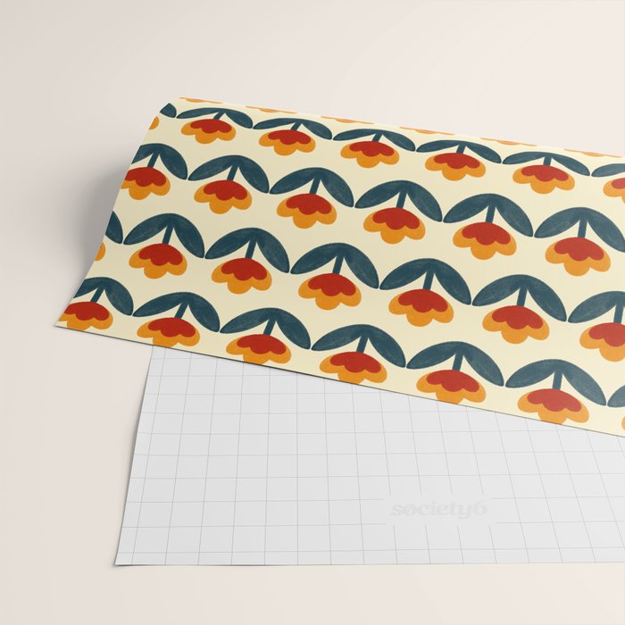 Retro 70s Floral Pattern in Mid-Century Red, Marigold, and Navy  Wrapping Paper Gallery Image 2