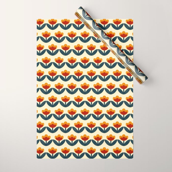 Retro 70s Floral Pattern in Mid-Century Red, Marigold, and Navy  Wrapping Paper Gallery Image 1