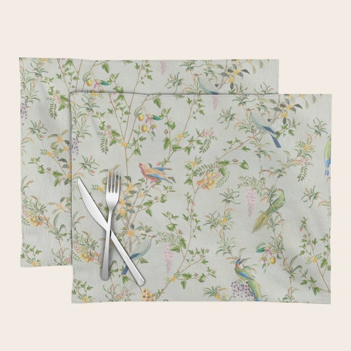 Floral Garden Climbing Vines and Chinoiserie Birds on mint Placemat Gallery Image 1