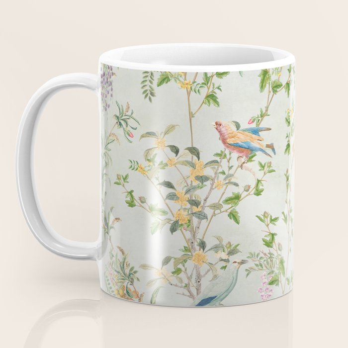 Floral Garden Climbing Vines and Chinoiserie Birds on mint Coffee Mug Gallery Image 3