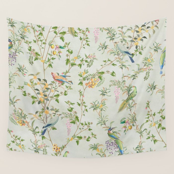 Floral Garden Climbing Vines and Chinoiserie Birds on mint Wall Tapestry Gallery Image 4