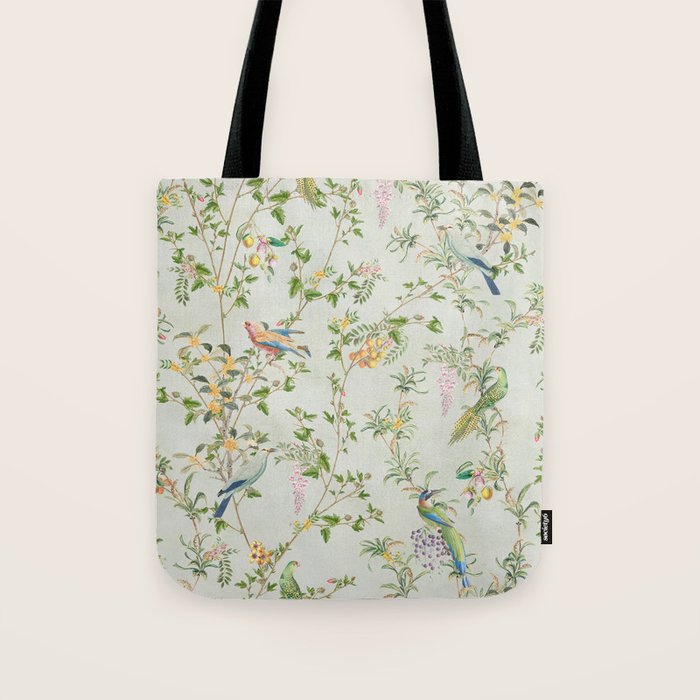 Floral Garden Climbing Vines and Chinoiserie Birds on mint Tote Bag Gallery Image 1