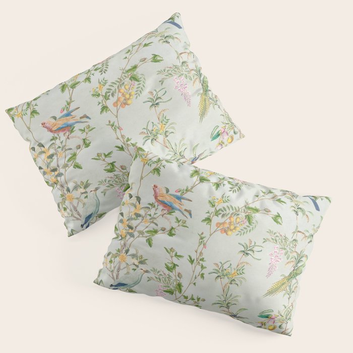 Floral Garden Climbing Vines and Chinoiserie Birds on mint Pillow Sham Gallery Image 1