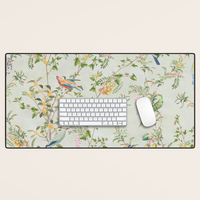 Floral Garden Climbing Vines and Chinoiserie Birds on mint Desk Mat Gallery Image 1