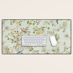 Floral Garden Climbing Vines and Chinoiserie Birds on mint Desk Mat Gallery Image 1