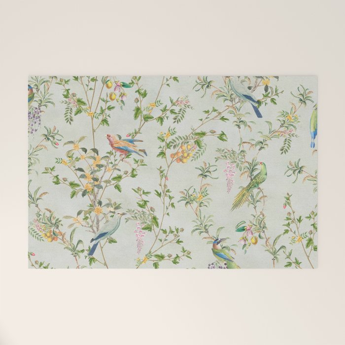 Floral Garden Climbing Vines and Chinoiserie Birds on mint Welcome Mat Gallery Image 1