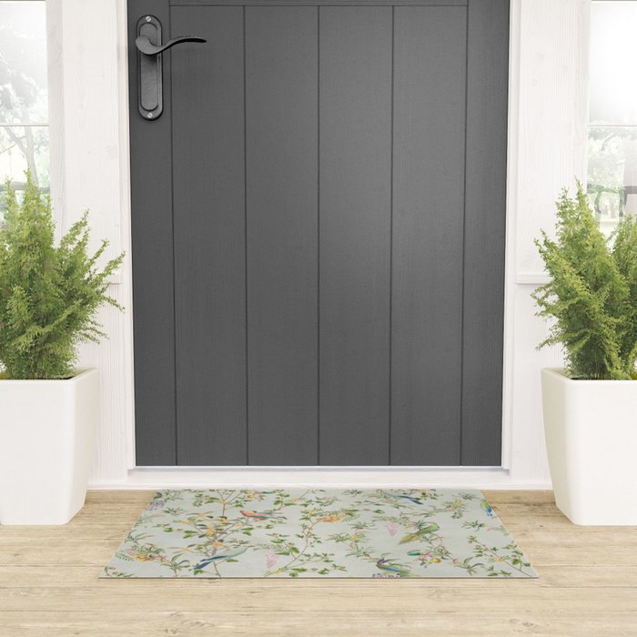 Floral Garden Climbing Vines and Chinoiserie Birds on mint Welcome Mat Gallery Image 3