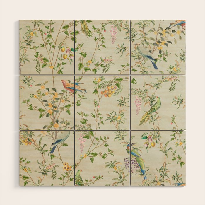Floral Garden Climbing Vines and Chinoiserie Birds on mint Wood Wall Art Gallery Image 1