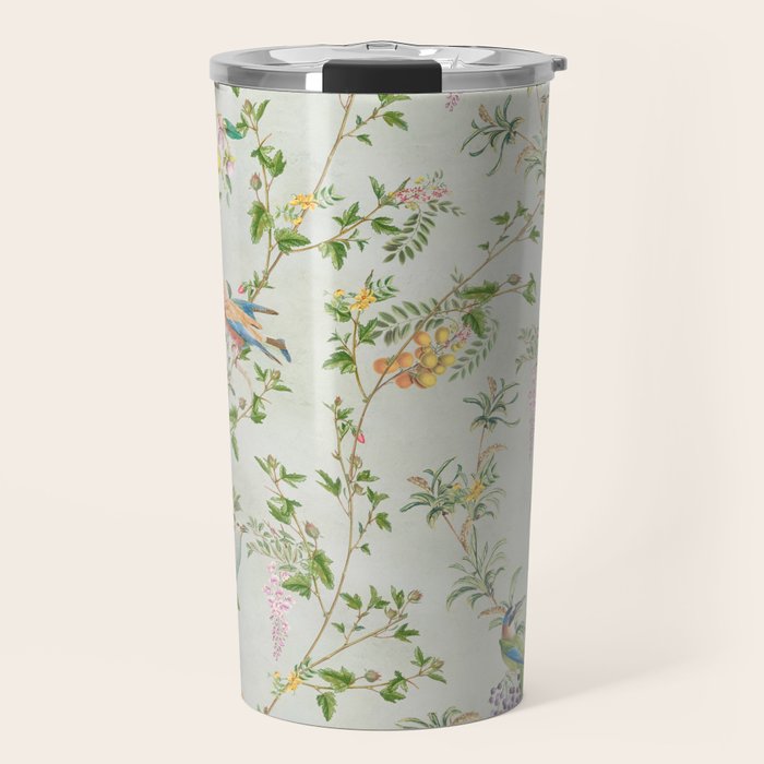 Floral Garden Climbing Vines and Chinoiserie Birds on mint Travel Mug Gallery Image 1