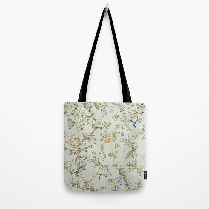 Floral Garden Climbing Vines and Chinoiserie Birds on mint Tote Bag Gallery Image 2