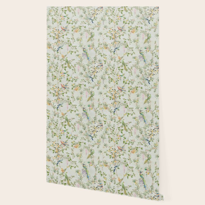 Floral Garden Climbing Vines and Chinoiserie Birds on mint Wallpaper Gallery Image 2