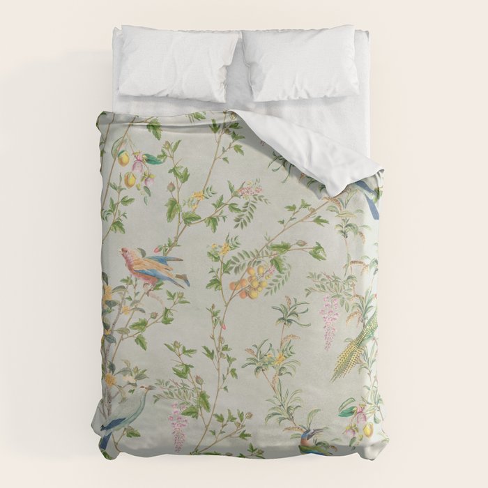Floral Garden Climbing Vines and Chinoiserie Birds on mint Duvet Cover Gallery Image 1