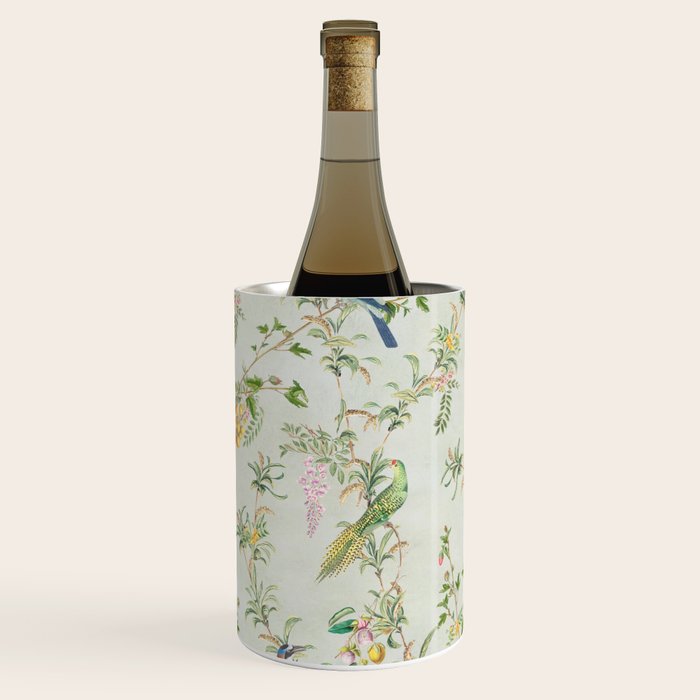 Floral Garden Climbing Vines and Chinoiserie Birds on mint Wine Chiller Gallery Image 3