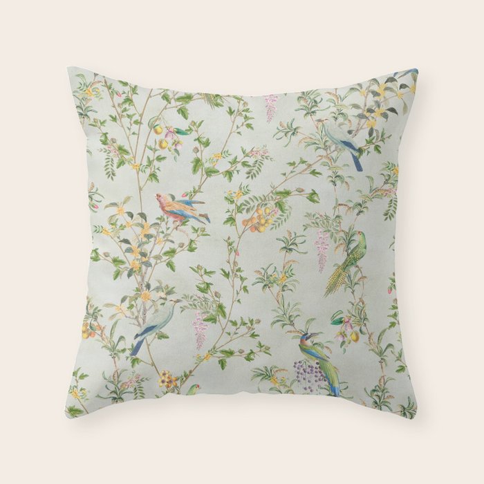 Floral Garden Climbing Vines and Chinoiserie Birds on mint Throw Pillow Gallery Image 6