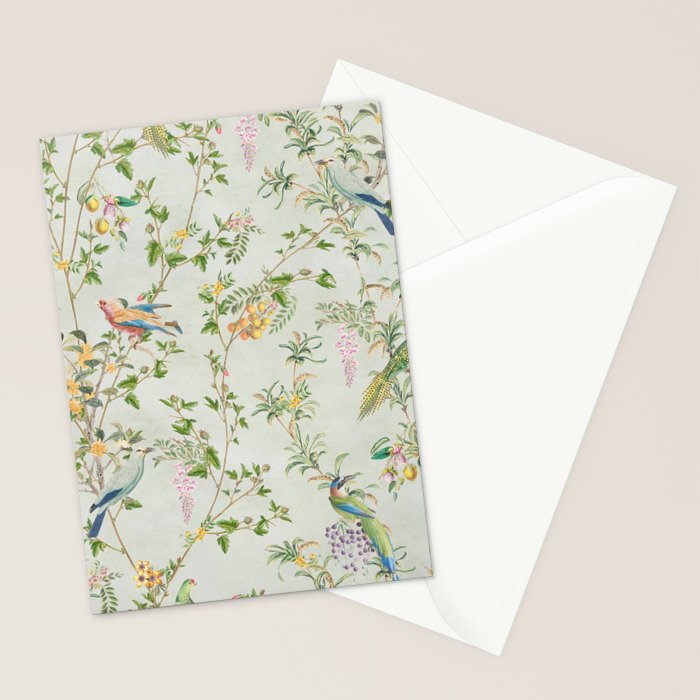 Floral Garden Climbing Vines and Chinoiserie Birds on mint Stationery Card Gallery Image 2