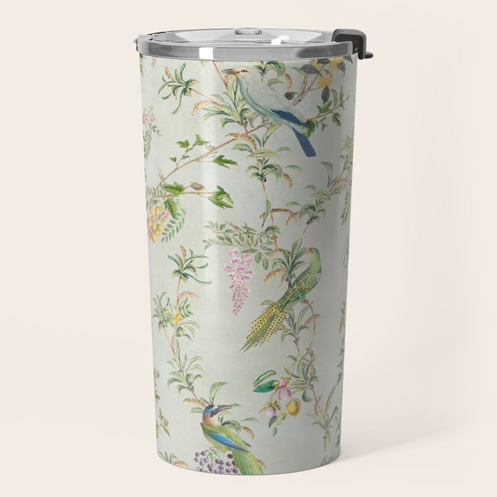 Floral Garden Climbing Vines and Chinoiserie Birds on mint Travel Mug Gallery Image 2