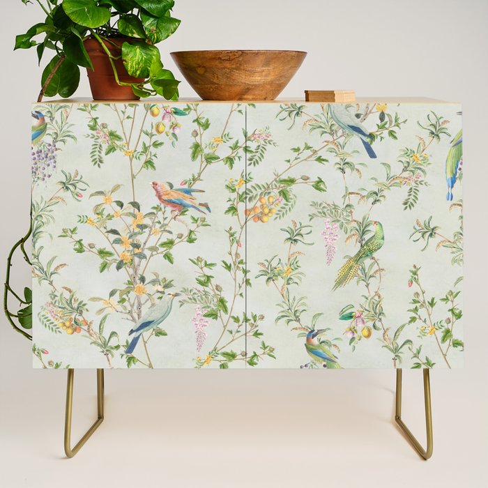 Floral Garden Climbing Vines and Chinoiserie Birds on mint Credenza Gallery Image 1