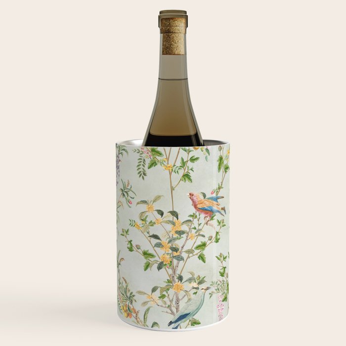 Floral Garden Climbing Vines and Chinoiserie Birds on mint Wine Chiller Gallery Image 2