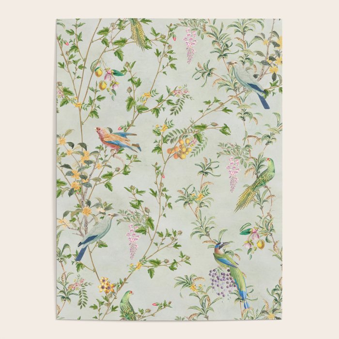 Floral Garden Climbing Vines and Chinoiserie Birds on mint Poster Gallery Image 1