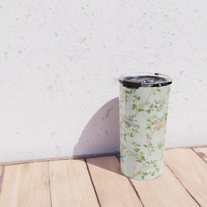 Floral Garden Climbing Vines and Chinoiserie Birds on mint Travel Mug Gallery Image 4