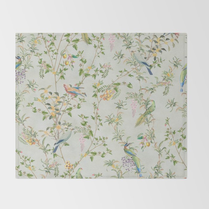 Floral Garden Climbing Vines and Chinoiserie Birds on mint Throw Blanket Gallery Image 2