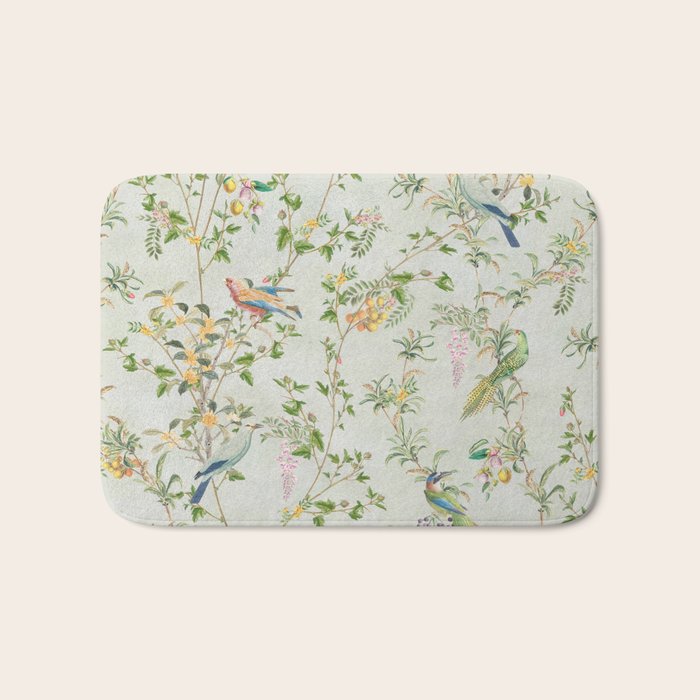 Floral Garden Climbing Vines and Chinoiserie Birds on mint Bath Mat Gallery Image 1