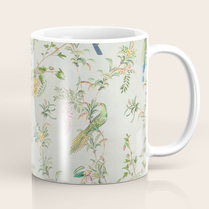 Floral Garden Climbing Vines and Chinoiserie Birds on mint Coffee Mug Gallery Image 1