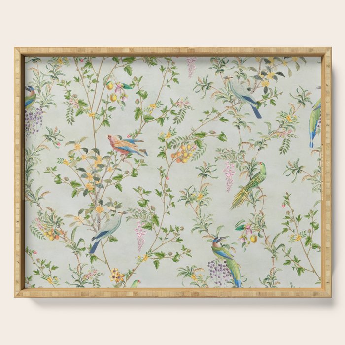 Floral Garden Climbing Vines and Chinoiserie Birds on mint Serving Tray Gallery Image 1