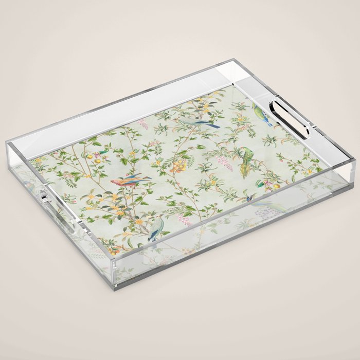 Floral Garden Climbing Vines and Chinoiserie Birds on mint Acrylic Tray Gallery Image 1