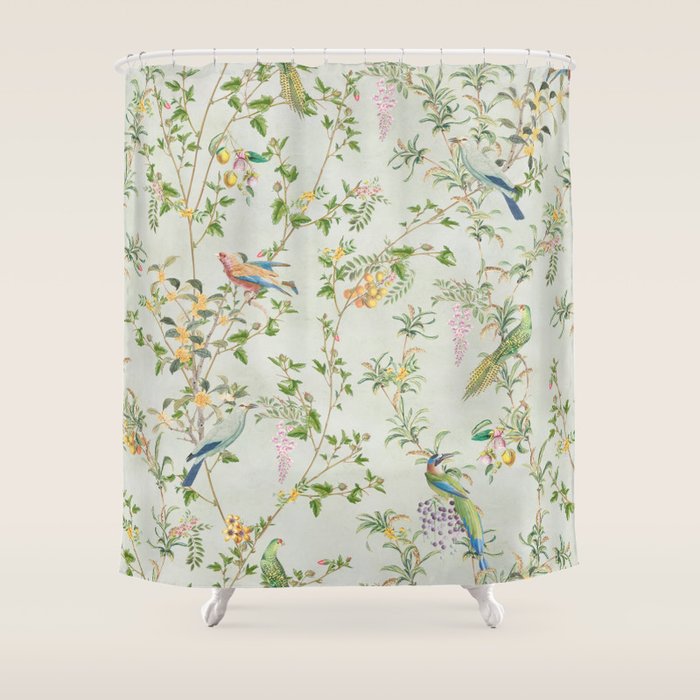 Floral Garden Climbing Vines and Chinoiserie Birds on mint Shower Curtain Gallery Image 1