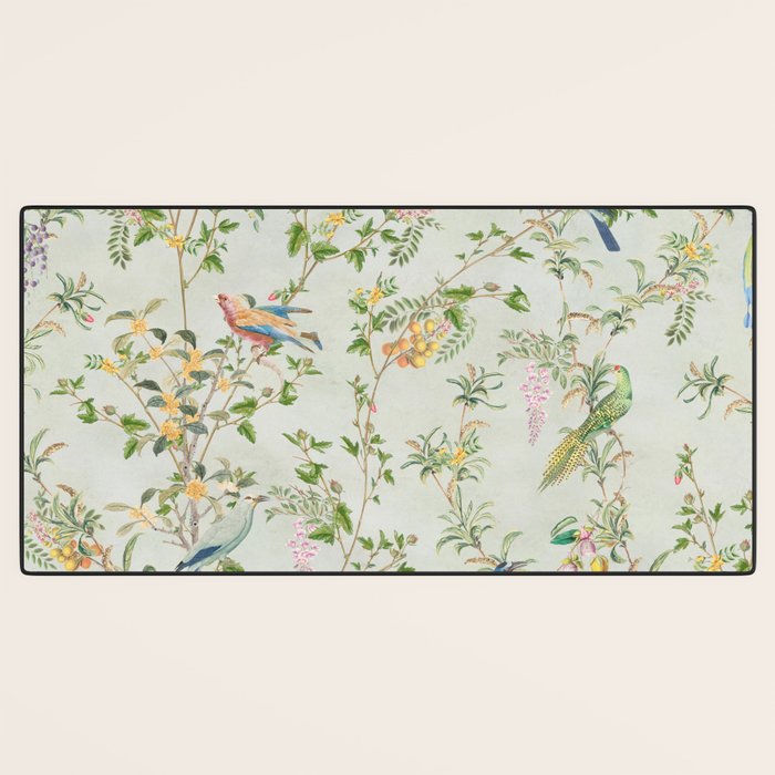 Floral Garden Climbing Vines and Chinoiserie Birds on mint Desk Mat Gallery Image 3