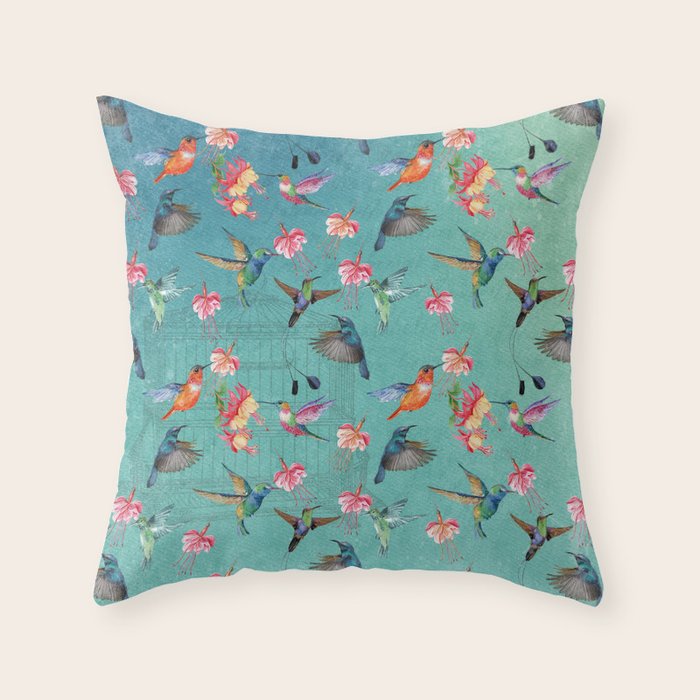 Vintage Watercolor hummingbirds and fuchsia flowers Throw Pillow Gallery Image 6