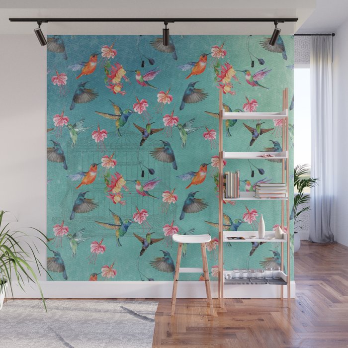 Vintage Watercolor hummingbirds and fuchsia flowers Wall Mural Gallery Image 1