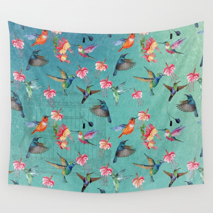 Vintage Watercolor hummingbirds and fuchsia flowers Wall Tapestry Gallery Image 4