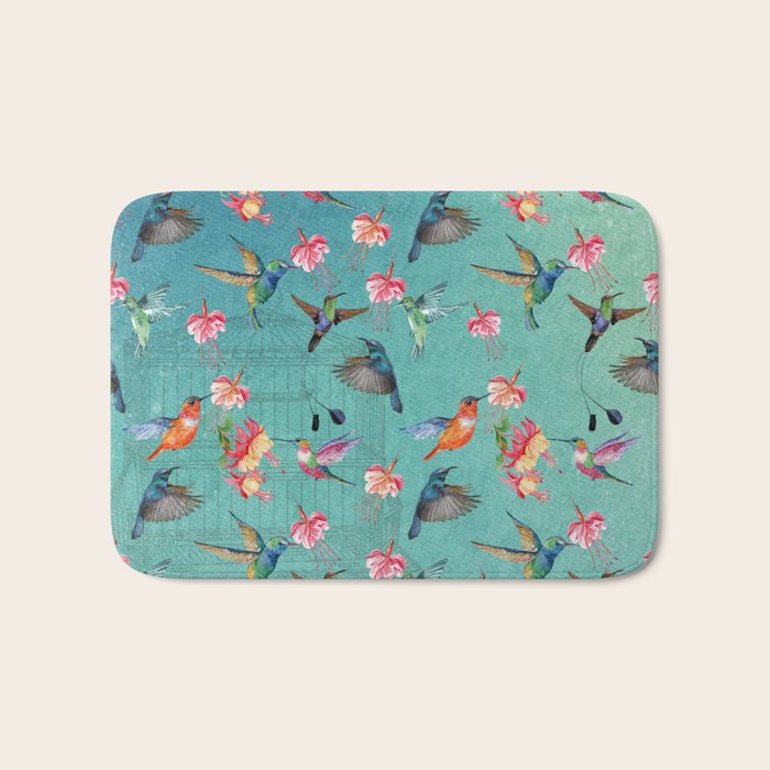 Vintage Watercolor hummingbirds and fuchsia flowers Bath Mat