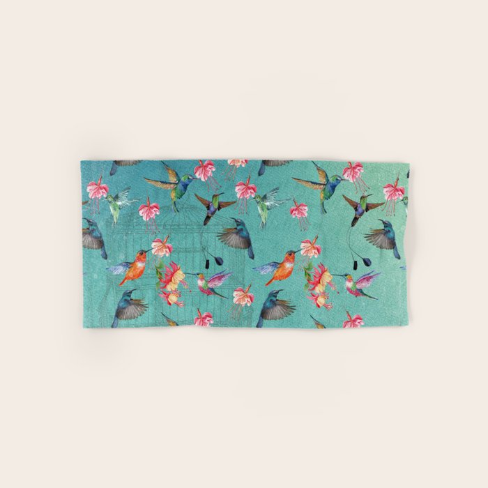 Vintage Watercolor hummingbirds and fuchsia flowers Hand & Bath Towel Gallery Image 1