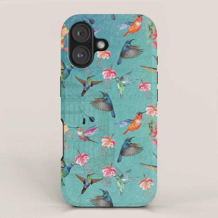 Vintage Watercolor hummingbirds and fuchsia flowers iPhone Case Gallery Image 1