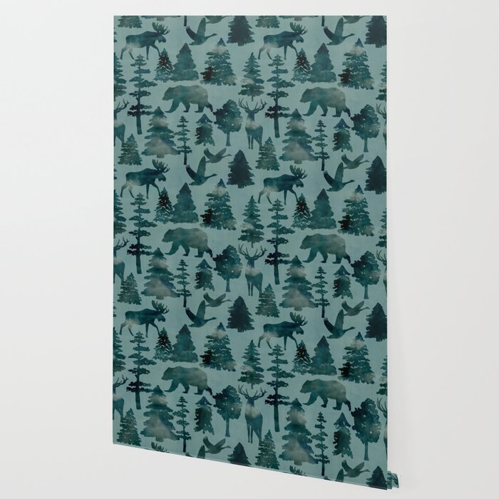 The Wild North, Wildlife, Blue Silhouette Forest and Animal Print Wallpaper Gallery Image 2