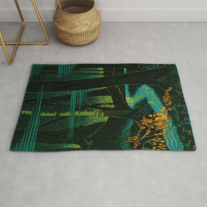 Magical Dark Fantasy Forest Woodblock Rug Gallery Image 1
