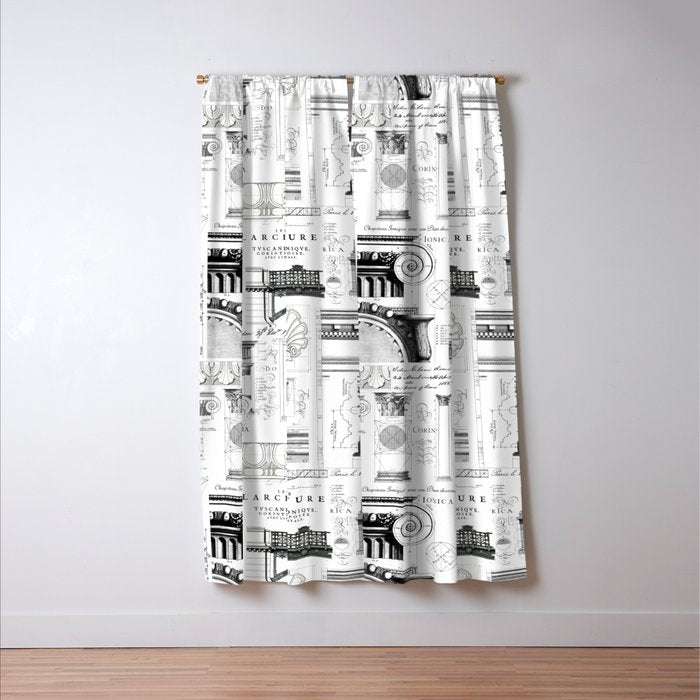 Industrial Charm Vintage Blueprint Details And Typography Black And White Window Curtain Gallery Image 3