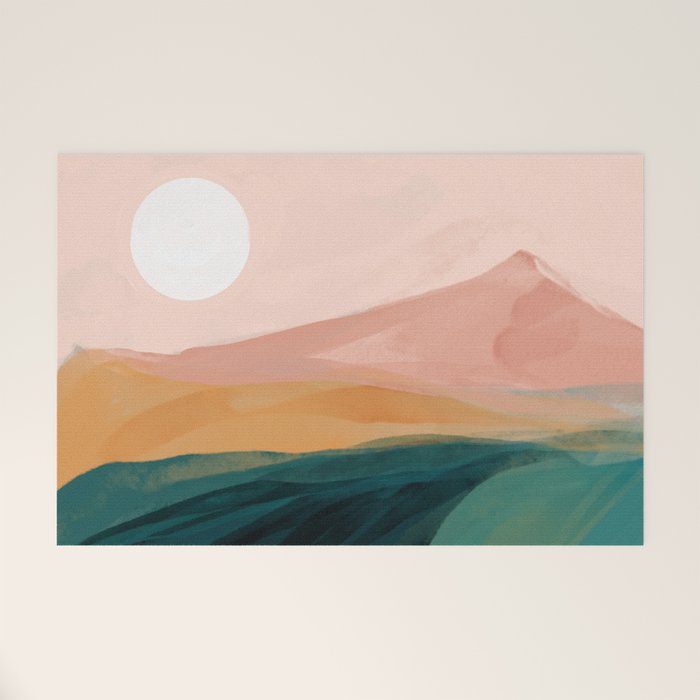 pink, green, gold moon watercolor mountains Welcome Mat Gallery Image 1