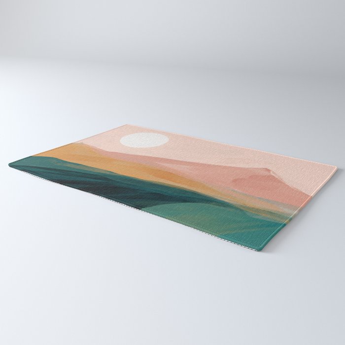 pink, green, gold moon watercolor mountains Rug Gallery Image 3