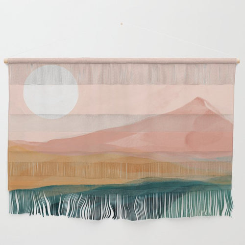 Pink, Green, Gold Moon Watercolor Mountains Wall Hanging Gallery Image 1