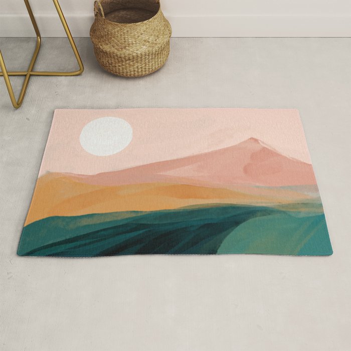 pink, green, gold moon watercolor mountains Rug Gallery Image 1