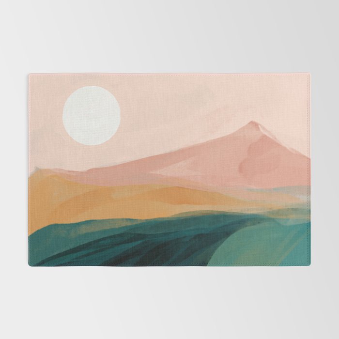 pink, green, gold moon watercolor mountains Rug Gallery Image 2