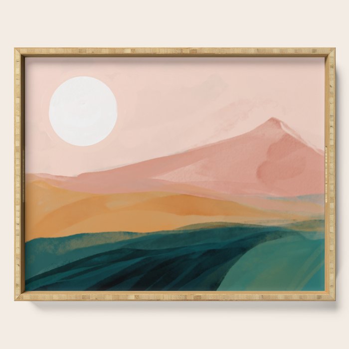 pink, green, gold moon watercolor mountains Serving Tray Gallery Image 1