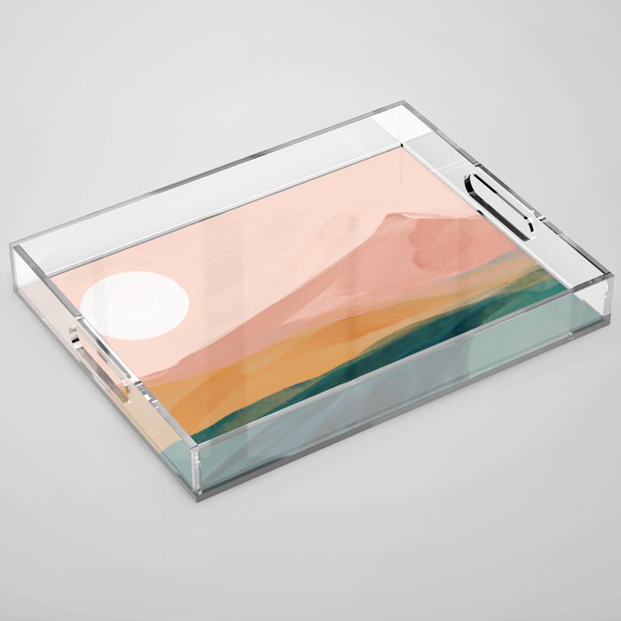 pink, green, gold moon watercolor mountains Acrylic Tray Gallery Image 1