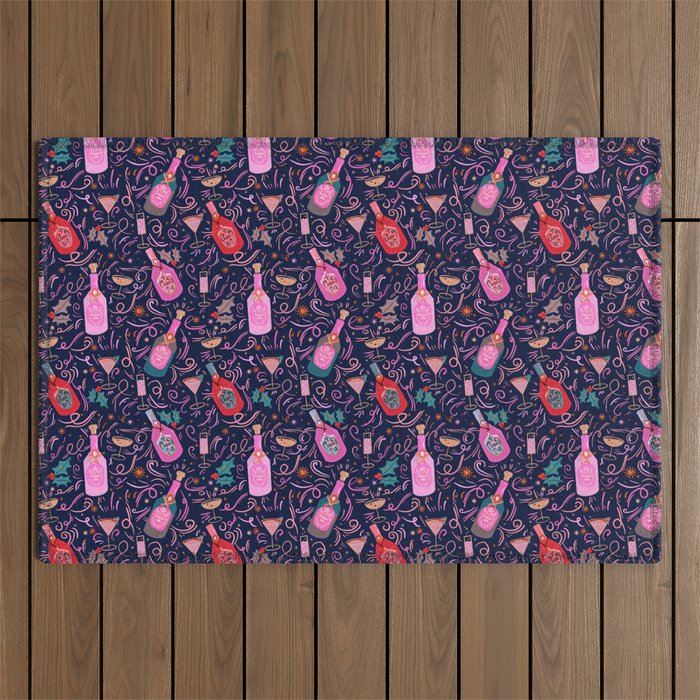 Festive Celebration Pattern  Holiday Champagne Bottles  and Cheers Outdoor Rug Gallery Image 1