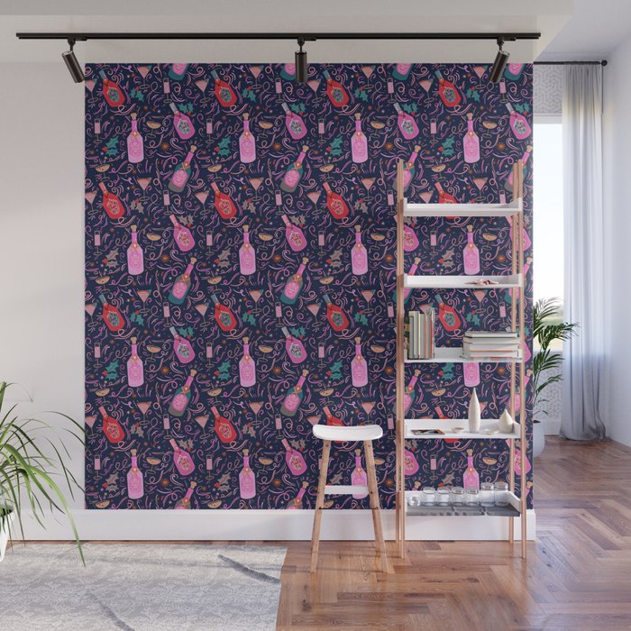 Festive Celebration Pattern  Holiday Champagne Bottles  and Cheers Wall Mural Gallery Image 1
