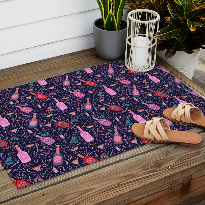 Festive Celebration Pattern  Holiday Champagne Bottles  and Cheers Outdoor Rug Gallery Image 2